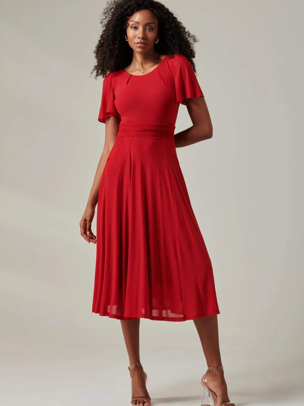 Ayla Plain Mesh Maxi Dress, Red
