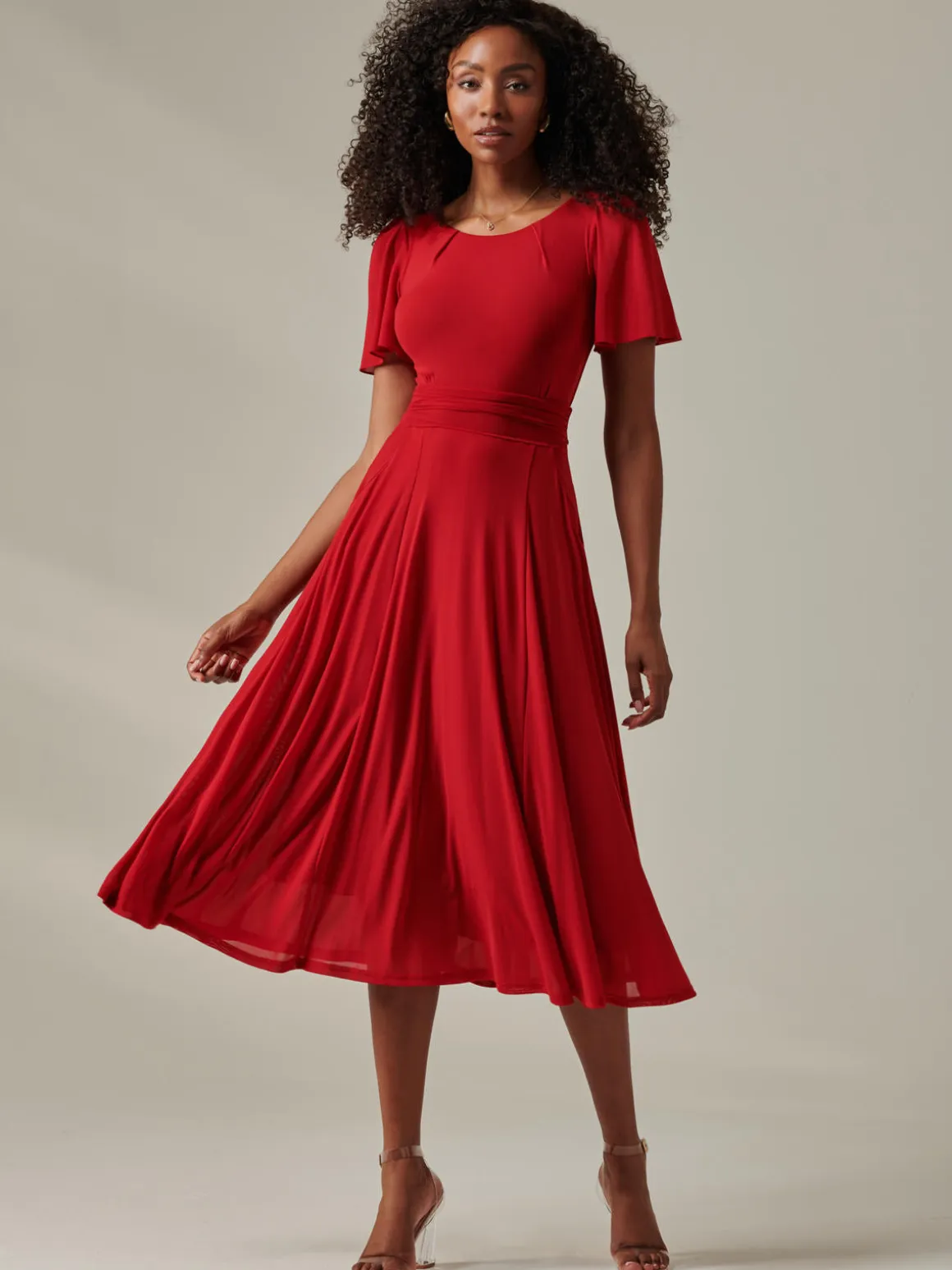Ayla Plain Mesh Maxi Dress, Red
