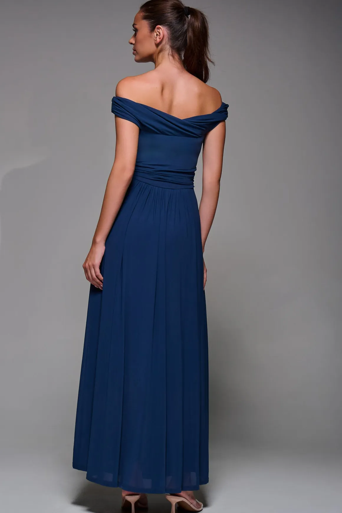 Bardot Neck Mesh Maxi Dress, Stormy Blue