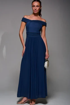 Bardot Neck Mesh Maxi Dress, Stormy Blue