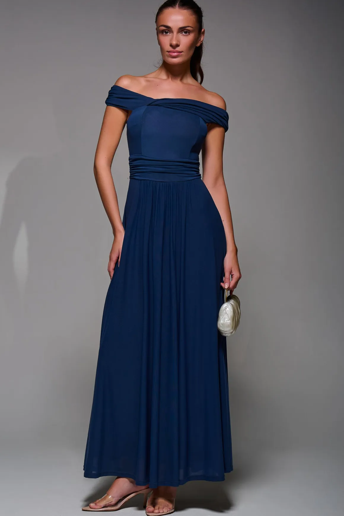 Bardot Neck Mesh Maxi Dress, Stormy Blue