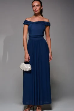 Bardot Neck Mesh Maxi Dress, Stormy Blue