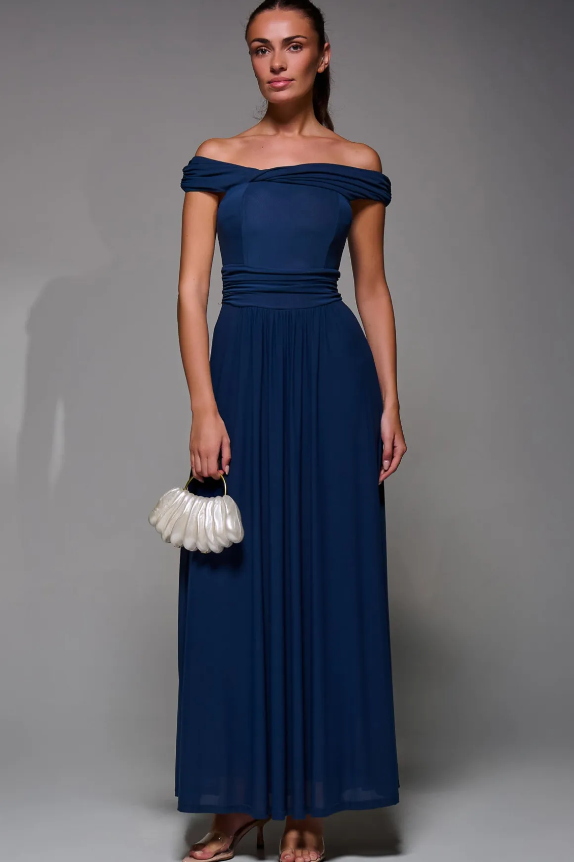 Bardot Neck Mesh Maxi Dress, Stormy Blue