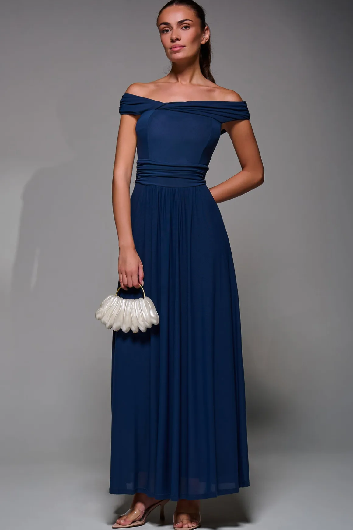Bardot Neck Mesh Maxi Dress, Stormy Blue