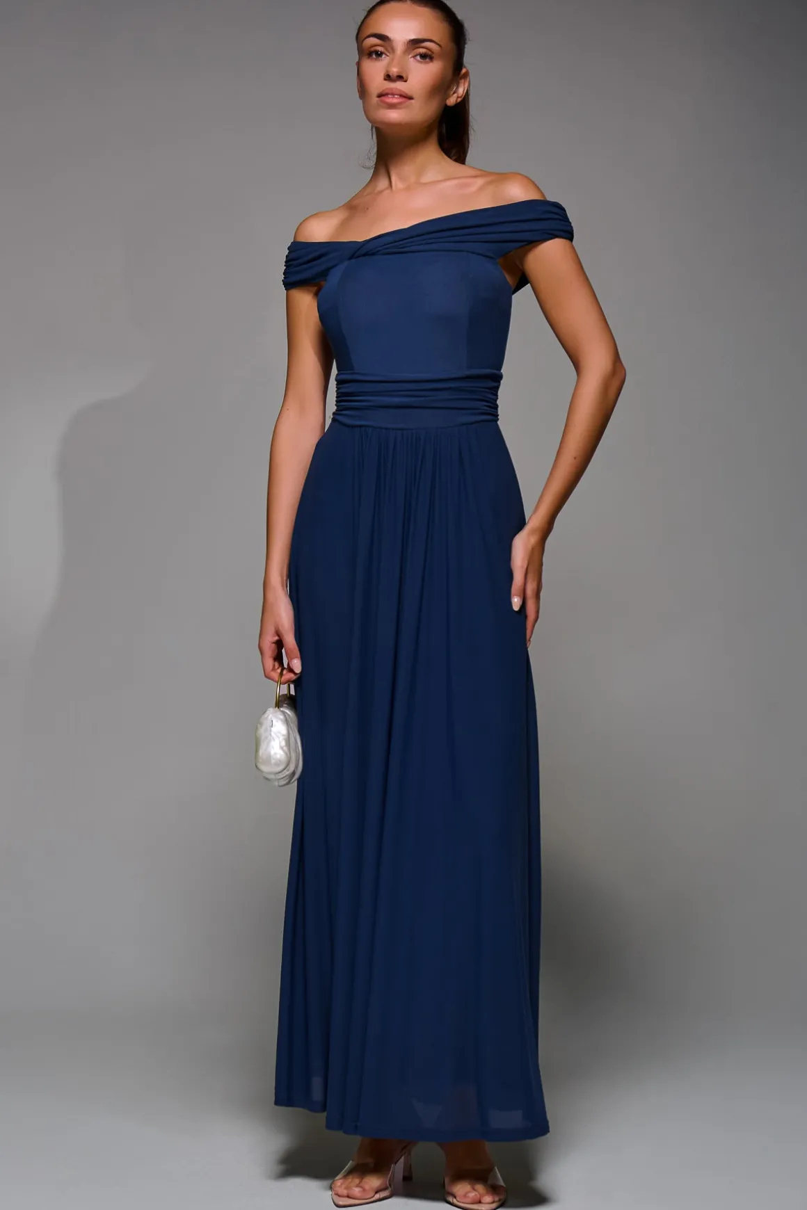 Bardot Neck Mesh Maxi Dress, Stormy Blue