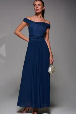 Bardot Neck Mesh Maxi Dress, Stormy Blue