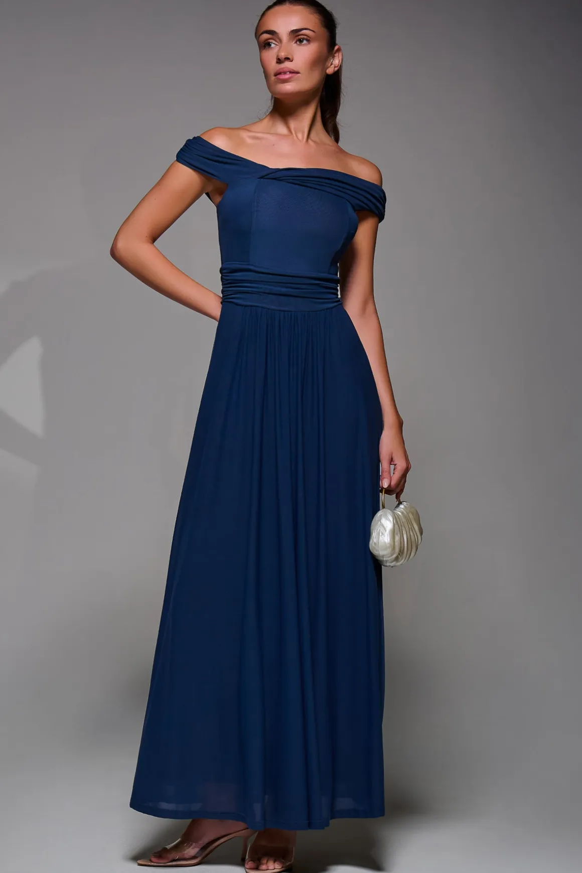 Bardot Neck Mesh Maxi Dress, Stormy Blue