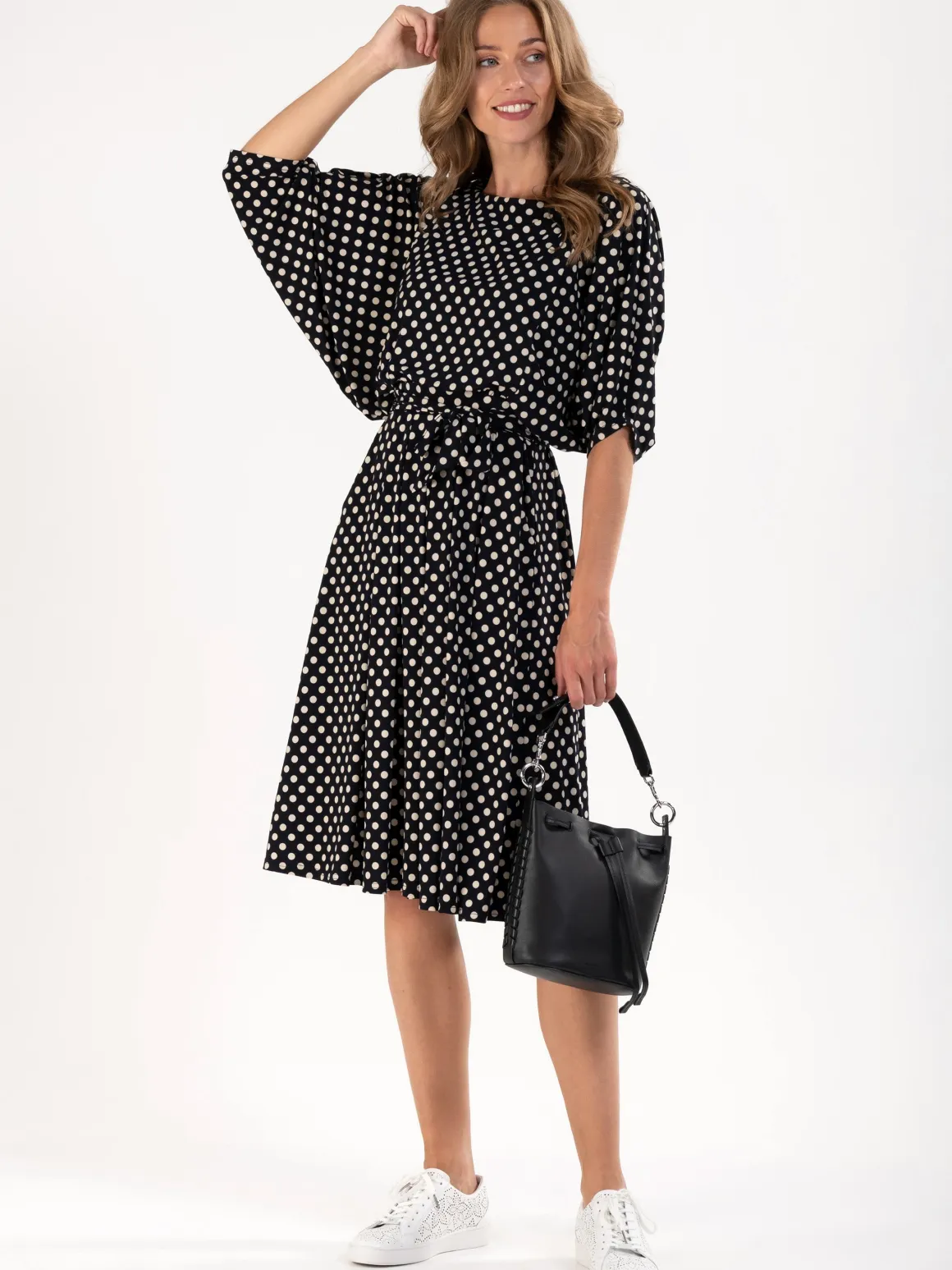 Batwing Spotty Jersey Dress, Navy Polka Dot