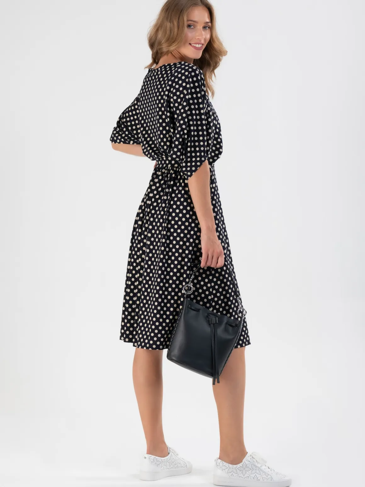 Batwing Spotty Jersey Dress, Navy Polka Dot