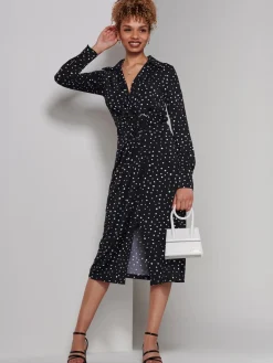 Becca Long Sleeve Jersey Shirt Dress, Black Spot