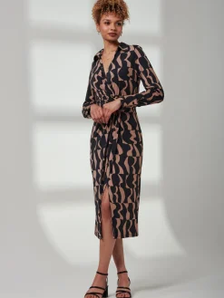 Becca Long Sleeve Jersey Shirt Dress, Brown Pattern