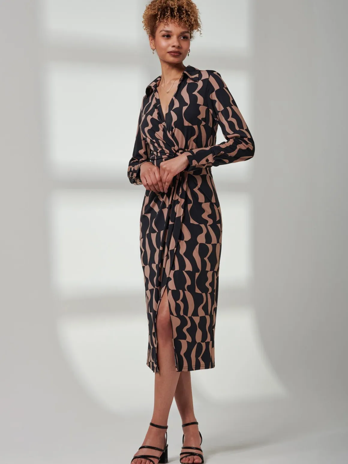 Becca Long Sleeve Jersey Shirt Dress, Brown Pattern