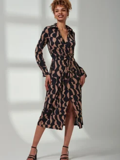 Becca Long Sleeve Jersey Shirt Dress, Brown Pattern