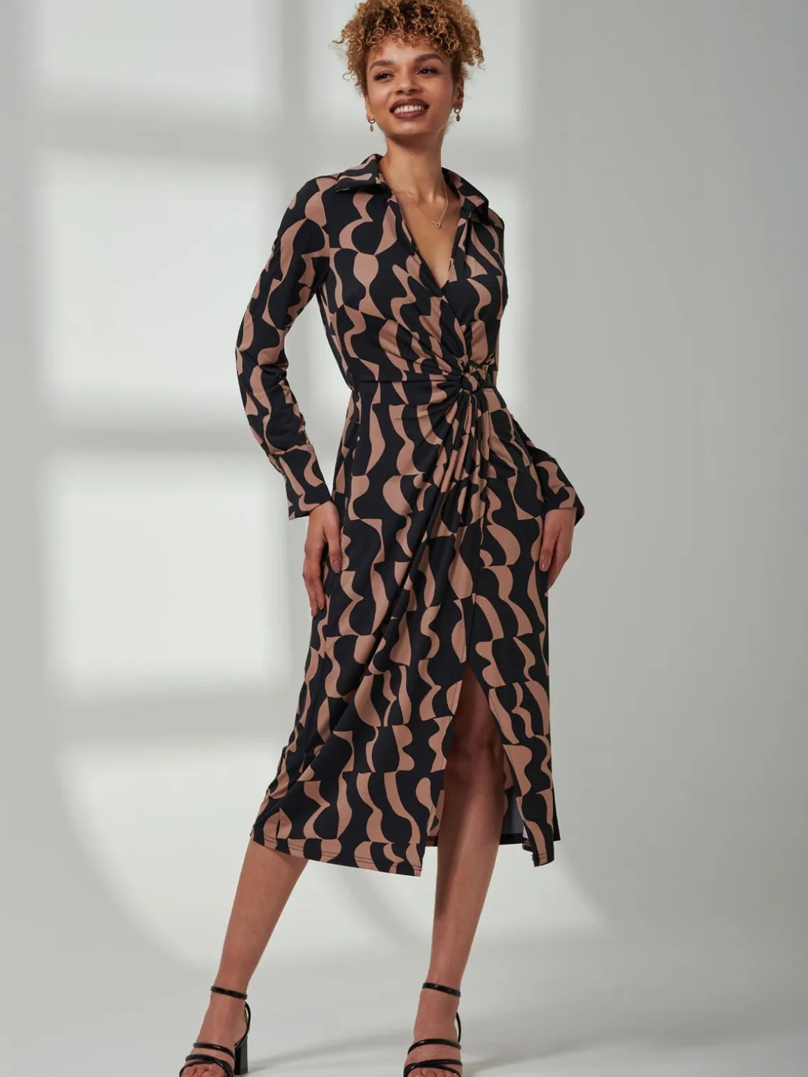 Becca Long Sleeve Jersey Shirt Dress, Brown Pattern