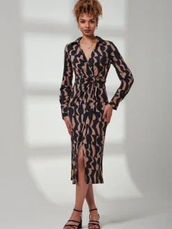 Becca Long Sleeve Jersey Shirt Dress, Brown Pattern