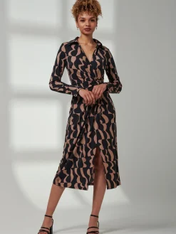 Becca Long Sleeve Jersey Shirt Dress, Brown Pattern