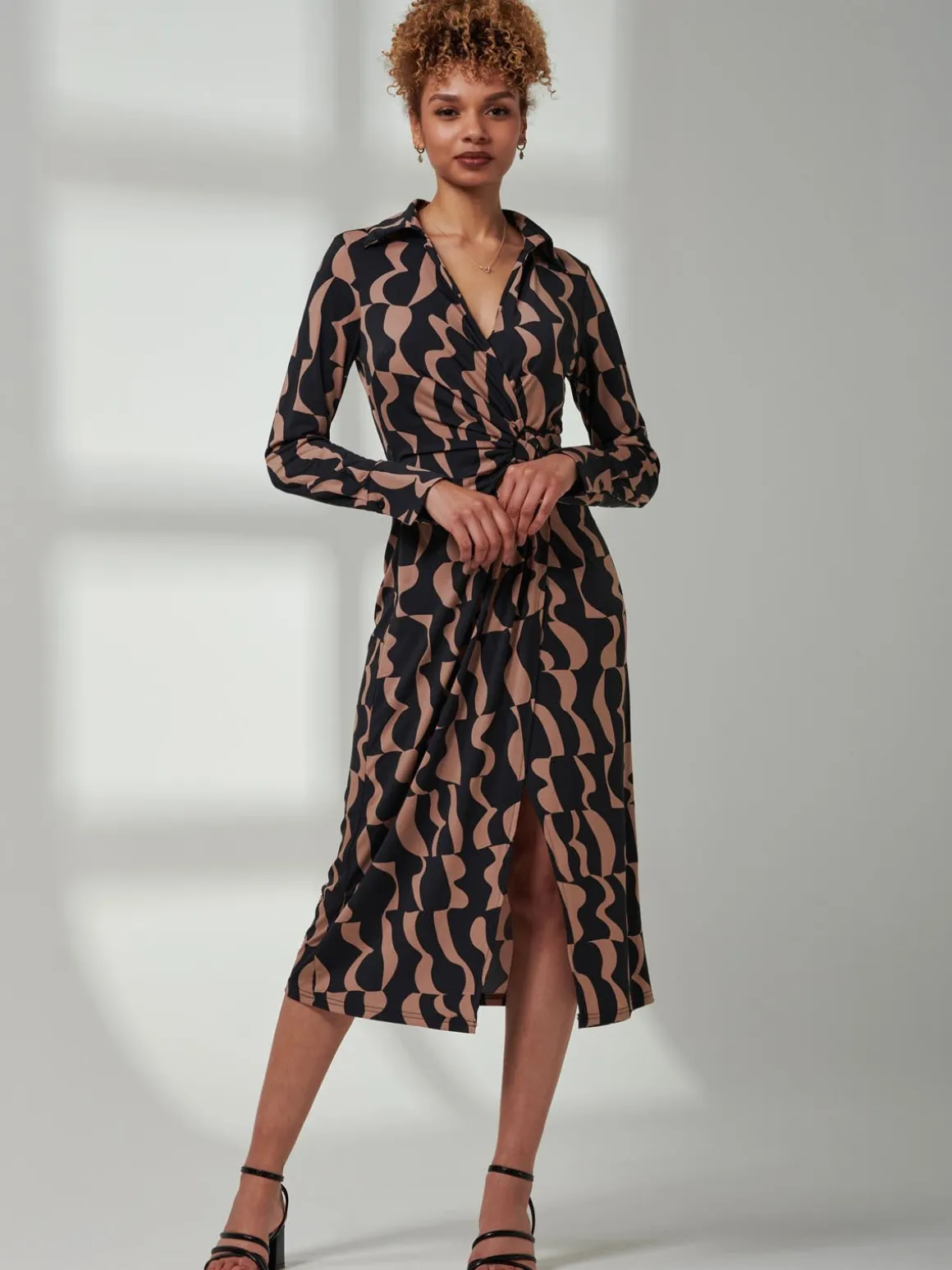 Becca Long Sleeve Jersey Shirt Dress, Brown Pattern
