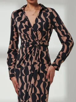 Becca Long Sleeve Jersey Shirt Dress, Brown Pattern