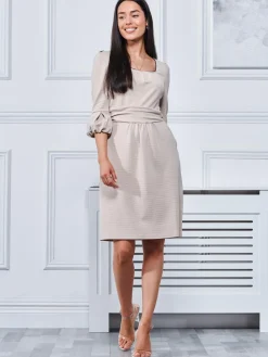 Bell Sleeve Boat Neck Pencil Dress, Beige