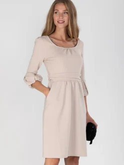Bell Sleeve Boat Neck Pencil Dress, Beige