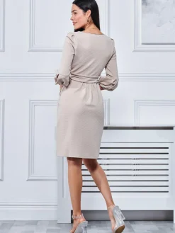 Bell Sleeve Boat Neck Pencil Dress, Beige