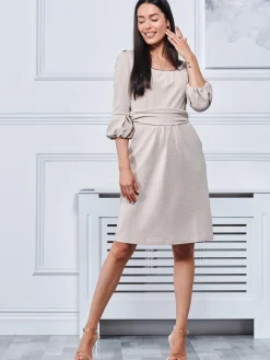 Bell Sleeve Boat Neck Pencil Dress, Beige