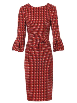 Bell Sleeve Fold Neck Jersey Dress, Red Geo