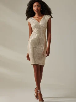 Bennett Sequin Bodycon Midi Dress, Beige Silver