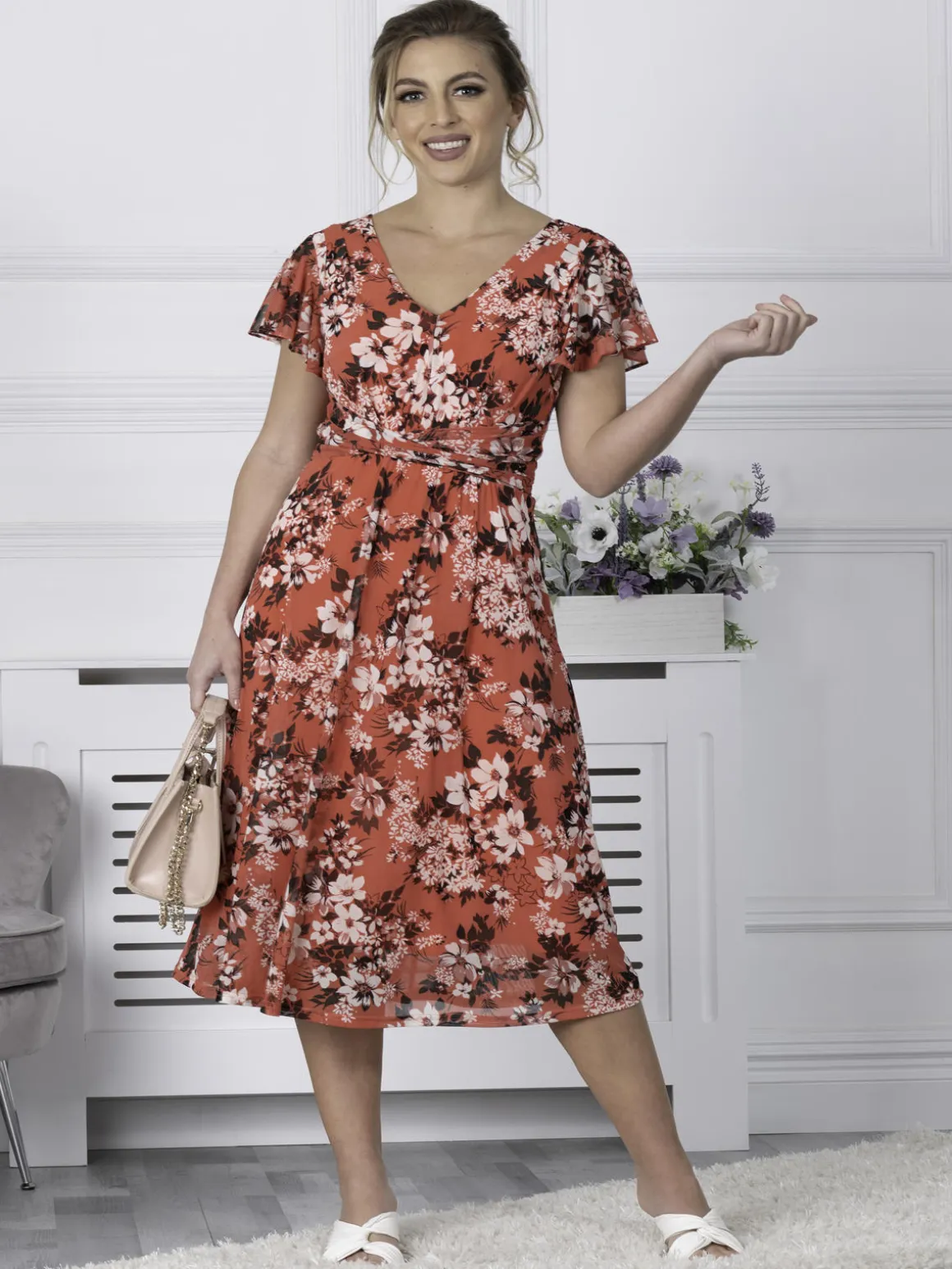 Bethany Mesh Midi Dress, Coral