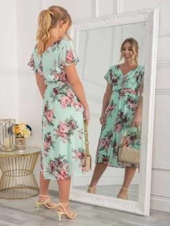 Bethany Mesh Midi Dress, Green Floral