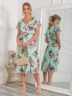 Bethany Mesh Midi Dress, Green Floral