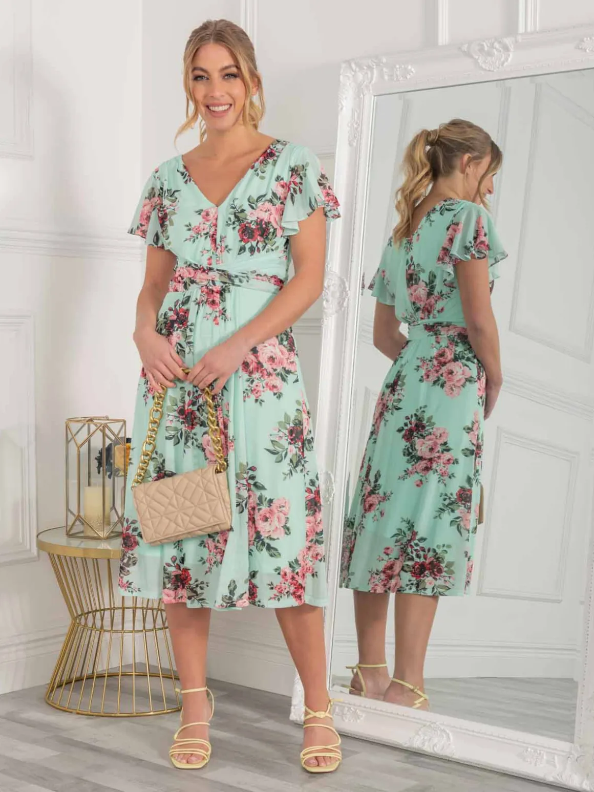 Bethany Mesh Midi Dress, Green Floral