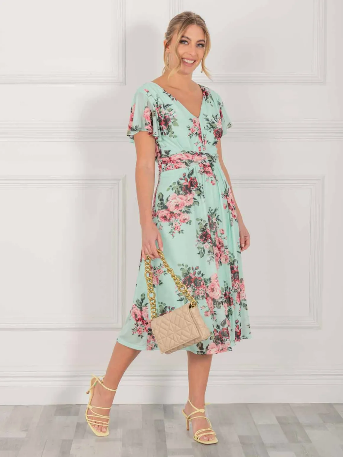 Bethany Mesh Midi Dress, Green Floral
