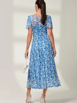 Bianca V-Neck Pleated Mesh Maxi Dress, Blue Floral