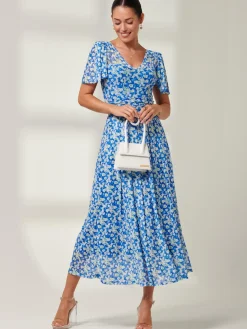 Bianca V-Neck Pleated Mesh Maxi Dress, Blue Floral