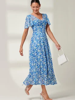 Bianca V-Neck Pleated Mesh Maxi Dress, Blue Floral