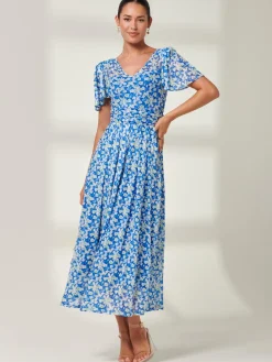 Bianca V-Neck Pleated Mesh Maxi Dress, Blue Floral