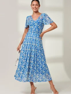 Bianca V-Neck Pleated Mesh Maxi Dress, Blue Floral