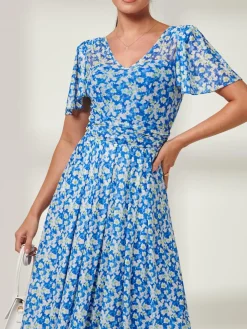 Bianca V-Neck Pleated Mesh Maxi Dress, Blue Floral