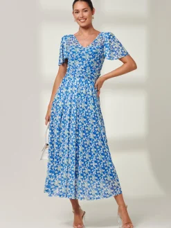 Bianca V-Neck Pleated Mesh Maxi Dress, Blue Floral