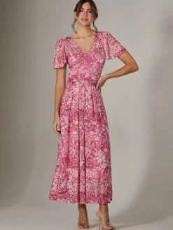 Bianca V-Neck Pleated Mesh Maxi Dress, Red Abstract