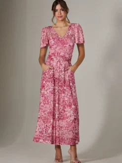 Bianca V-Neck Pleated Mesh Maxi Dress, Red Abstract