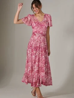 Bianca V-Neck Pleated Mesh Maxi Dress, Red Abstract