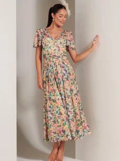 Bianca V-Neck Pleated Mesh Maxi Dress, Yellow Floral
