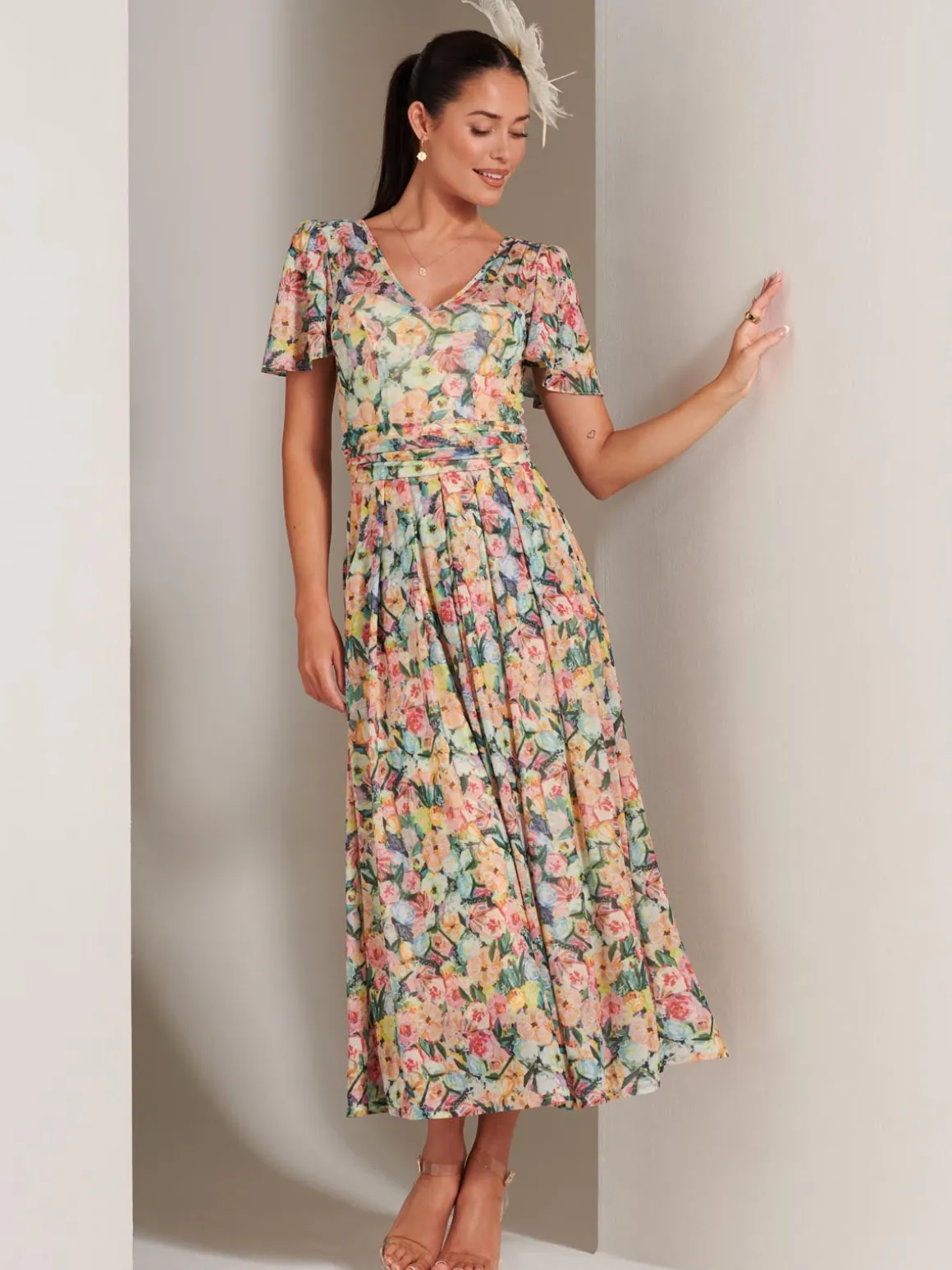 Bianca V-Neck Pleated Mesh Maxi Dress, Yellow Floral
