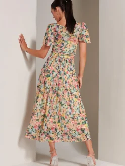 Bianca V-Neck Pleated Mesh Maxi Dress, Yellow Floral