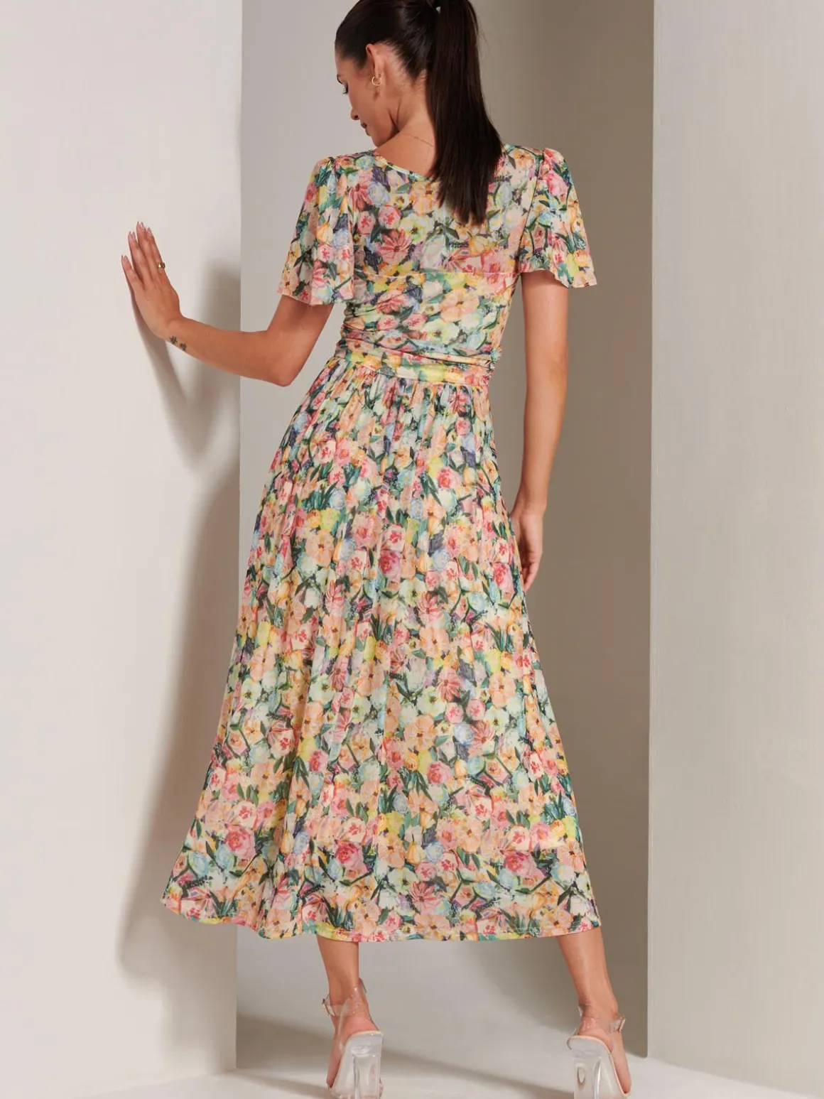 Bianca V-Neck Pleated Mesh Maxi Dress, Yellow Floral