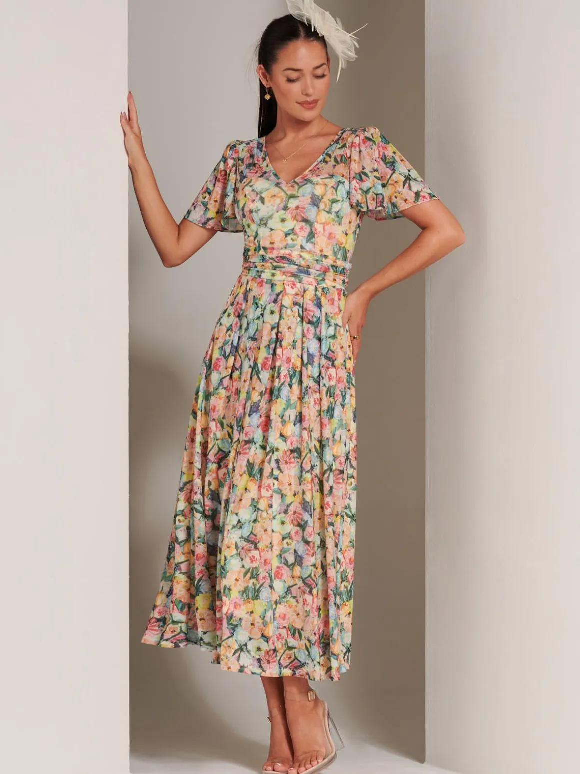 Bianca V-Neck Pleated Mesh Maxi Dress, Yellow Floral