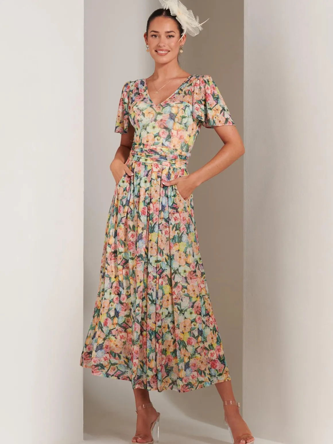 Bianca V-Neck Pleated Mesh Maxi Dress, Yellow Floral