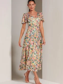 Bianca V-Neck Pleated Mesh Maxi Dress, Yellow Floral